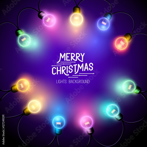 Christmas Fairy Lights - Seasonal decorations with colourful lights and Merry Christmas text. Vector illustration.
