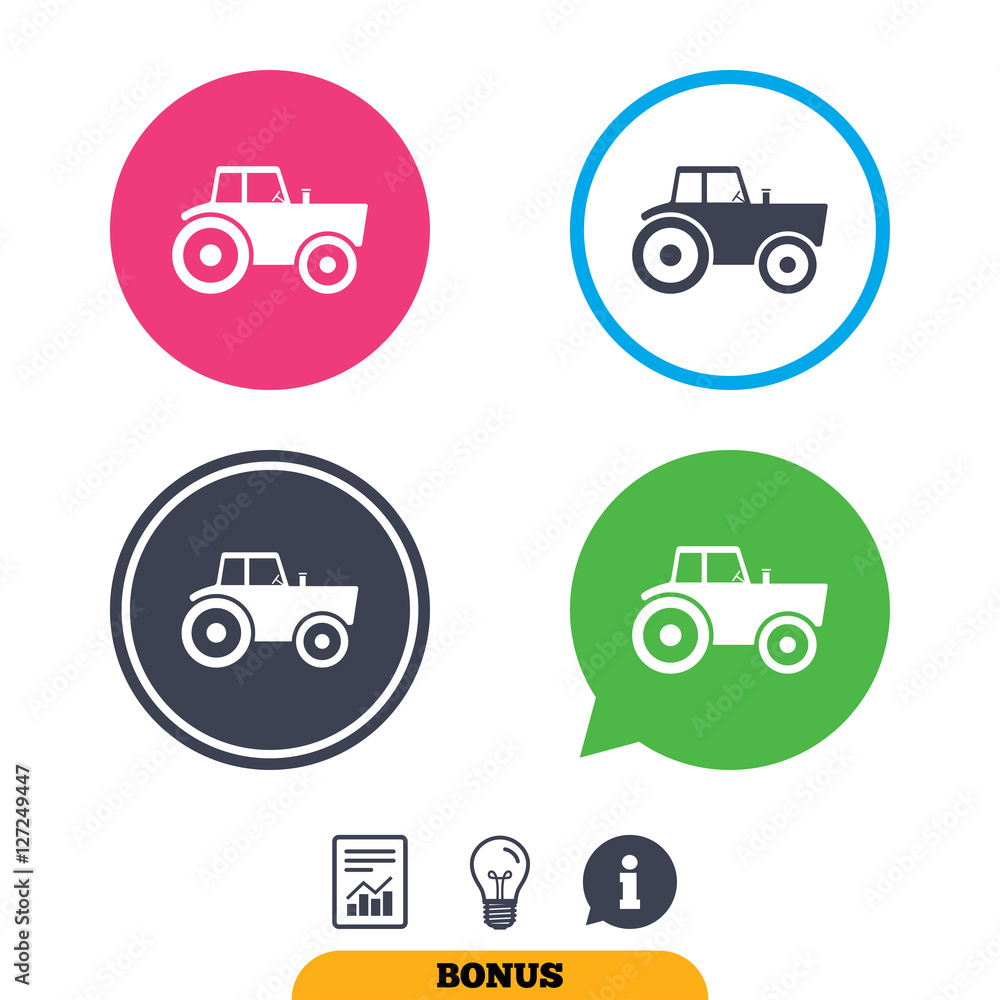 Tractor sign icon. Agricultural industry symbol. Report document, information sign and light bulb icons. Vector Tractor sign icon. Agricultural industry symbol. Report document, information sign and light bulb icons. Vector