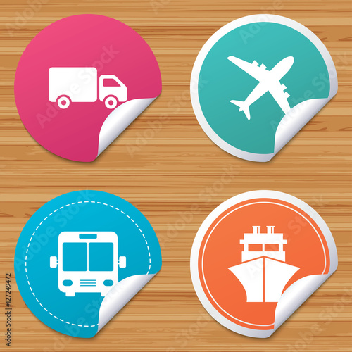Round stickers or website banners. Transport icons. Truck, Airplane, Public bus and Ship signs. Shipping delivery symbol. Air mail delivery sign. Circle badges with bended corner. Vector