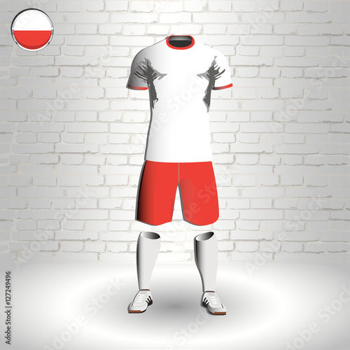 eps 10 vector football Poland team player uniform template. National colors sportwear. Polish flag button chrome ring. Brick wall background