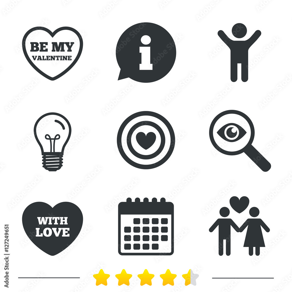 Fototapeta premium Valentine day love icons. Target aim with heart symbol. Couple lovers sign. Information, light bulb and calendar icons. Investigate magnifier. Vector