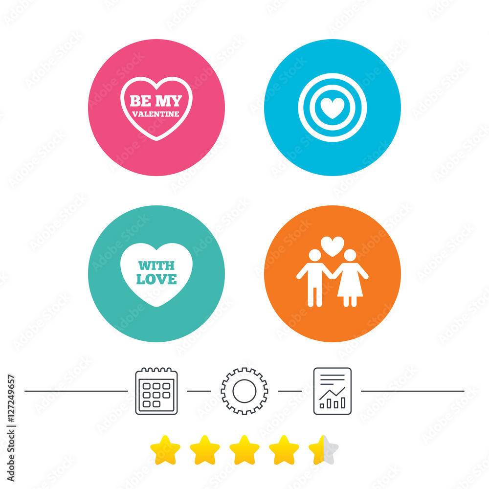 Valentine day love icons. Target aim with heart symbol. Couple lovers sign. Calendar, cogwheel and report linear icons. Star vote ranking. Vector Valentine day love icons. Target aim with heart symbol. Couple lovers sign. Calendar, cogwheel and report linear icons. Star vote ranking. Vector