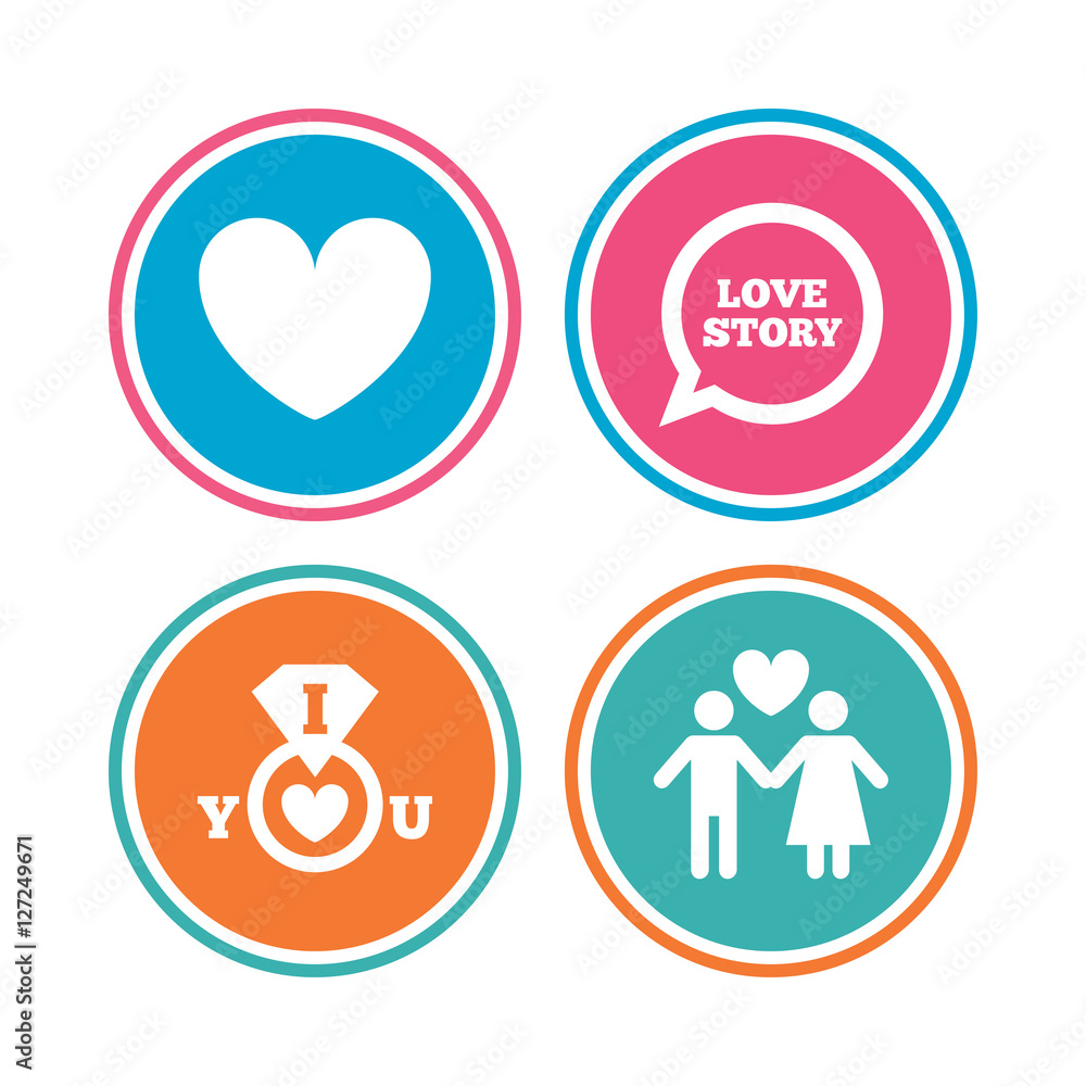 Valentine day love icons. I love you ring symbol. Couple lovers sign. Love story speech bubble. Colored circle buttons. Vector Valentine day love icons. I love you ring symbol. Couple lovers sign. Love story speech bubble. Colored circle buttons. Vector