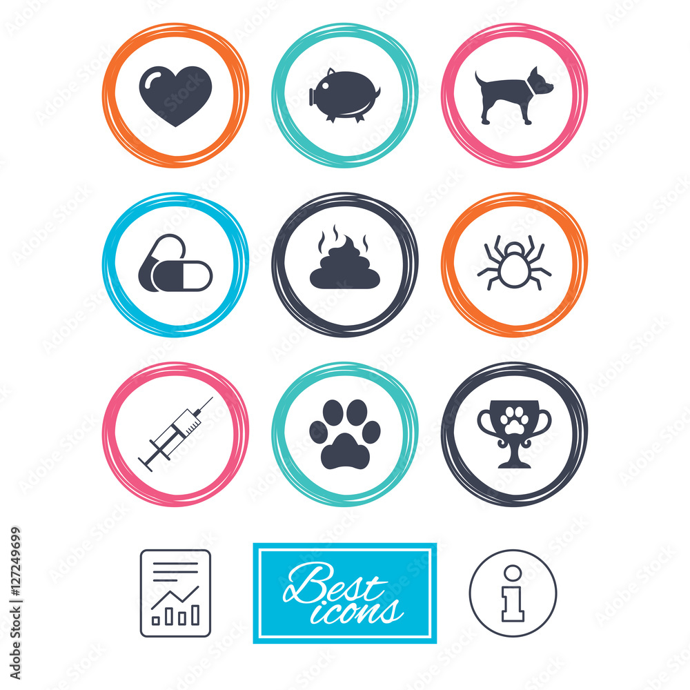 Veterinary, pets icons. Dog paw, syringe and winner cup signs. Pills, heart and feces symbols. Report document, information icons. Vector