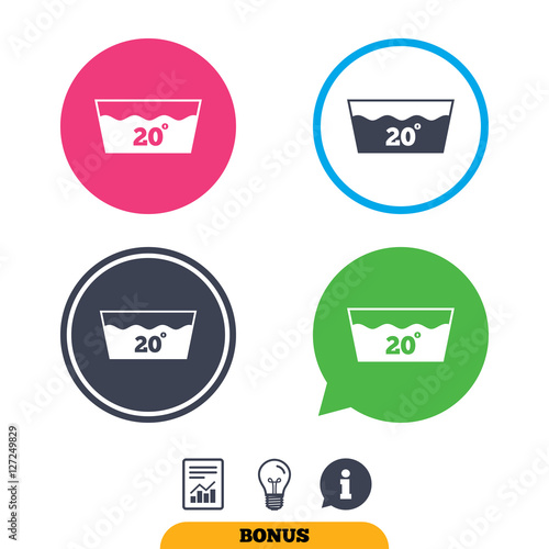 Wash icon. Machine washable at 20 degrees symbol. Report document, information sign and light bulb icons. Vector