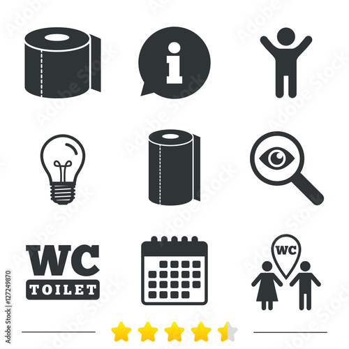 Toilet paper icons. Gents and ladies room signs. Paper towel or kitchen roll. Man and woman symbols. Information, light bulb and calendar icons. Investigate magnifier. Vector