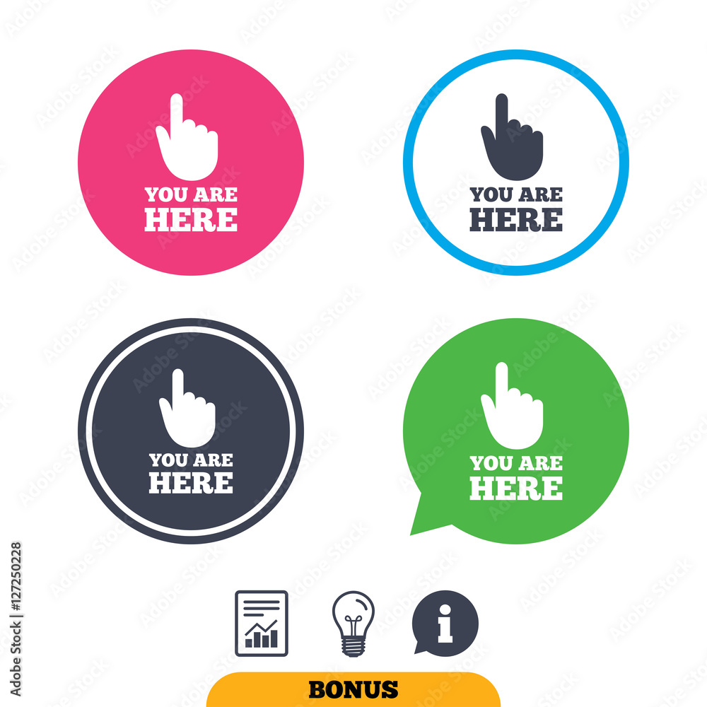 You are here sign icon. Info symbol with hand. Map pointer with your location. Report document, information sign and light bulb icons. Vector You are here sign icon. Info symbol with hand. Map pointer with your location. Report document, information sign and light bulb icons. Vector