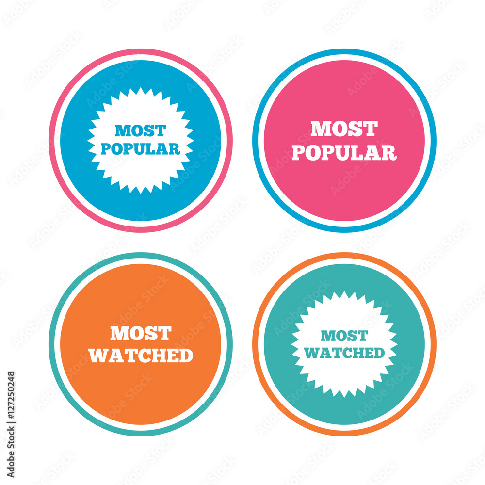 Most popular star icon. Most watched symbols. Clients or users choice signs. Colored circle buttons. Vector