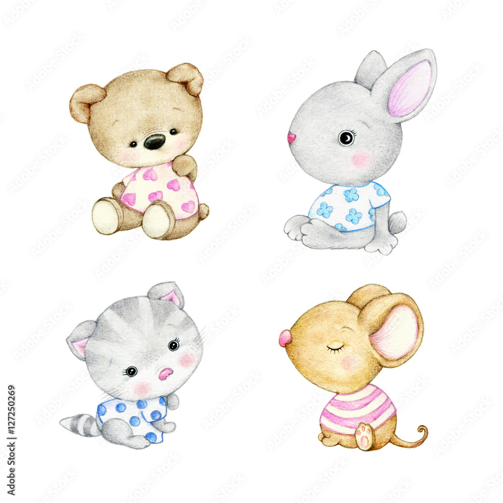 Set of baby animals- bear, bunny, kitten, mouse Set of baby animals- bear, bunny, kitten, mouse