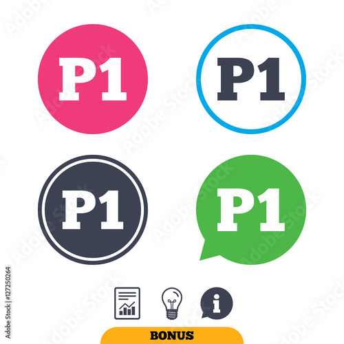 Parking first floor sign icon. Car parking P1 symbol. Report document, information sign and light bulb icons. Vector