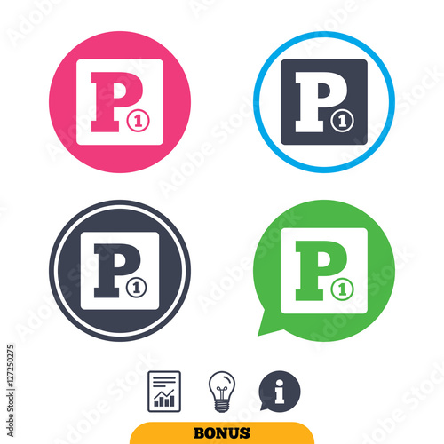 Paid parking sign icon. Car parking symbol. Report document, information sign and light bulb icons. Vector © blankstock