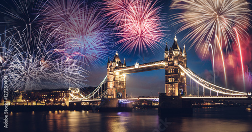 Tower bridge with firework, New Year in London, UK