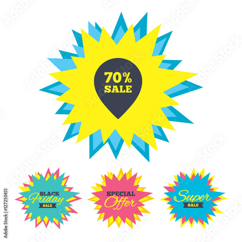 Sale stickers and banners. 70% sale pointer tag sign icon. Discount symbol. Special offer label. Star labels. Vector