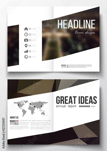 Set of business templates for brochure, magazine, flyer, booklet or annual report. Dark polygonal background, blurred image, night city landscape, Paris cityscape, modern triangular vector texture