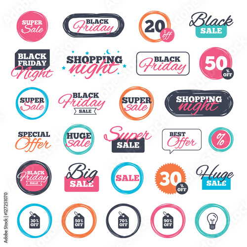 Sale shopping stickers and banners. Sale price tag icons. Discount special offer symbols. 30%, 50%, 70% and 90% percent off signs. Website badges. Black friday. Vector