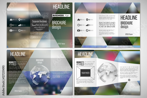Set of tri-fold brochure design template on both sides with world globe element. Abstract multicolored background, blurred nature landscapes, geometric vector, triangular style illustration