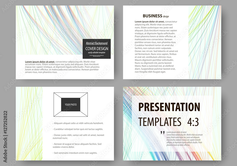 Set of business templates for presentation slides. Easy editable layouts, vector illustration. Colorful background with abstract waves, lines. Bright color curves. Motion design.