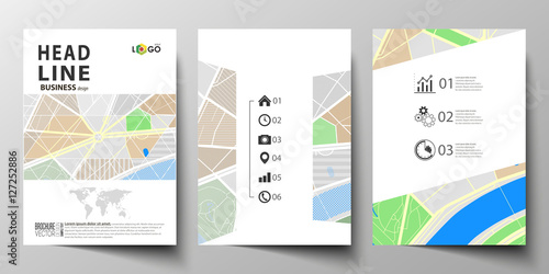 Business templates for brochure, magazine, flyer, booklet or annual report. Easy editable layout in A4 size. City map with streets. Flat design cover template, tourism businesses, abstract vector.