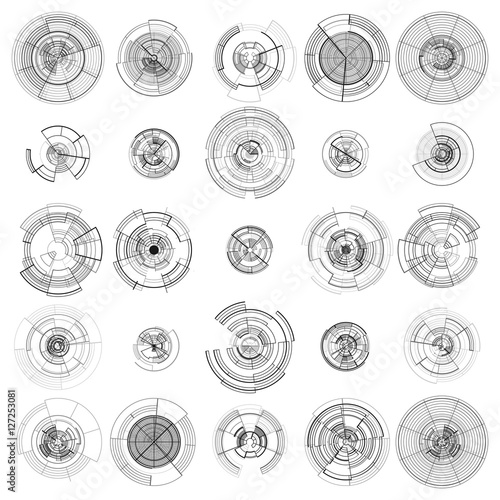Set of abstract hud elements isolated on white background. High tech motion design, round interfaces, connecting systems. Science and technology concept. Futuristic vector.