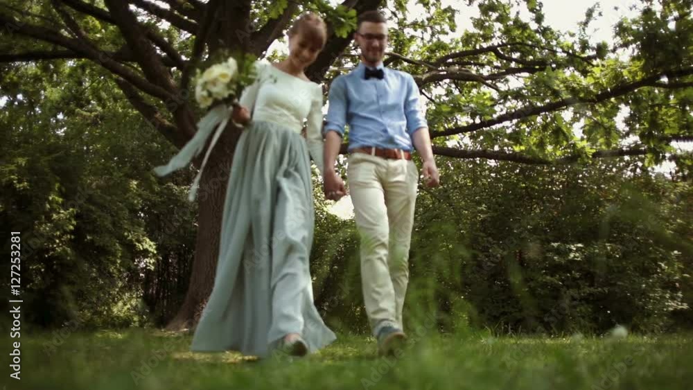 Young, stylish, beautiful pair of newlyweds walking in the park Young, stylish, beautiful pair of newlyweds walking in the park