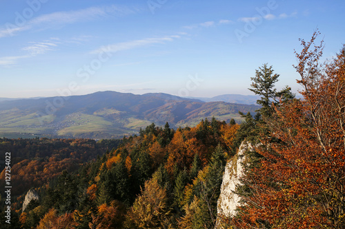 panoramic view from Three Crowns peak in Pieniny Mountains, Pola