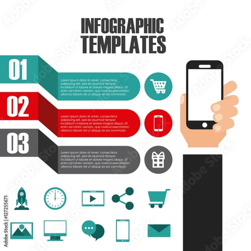 colorful infographic template presentation with hand holding a smartphone and numbers. vector illustration