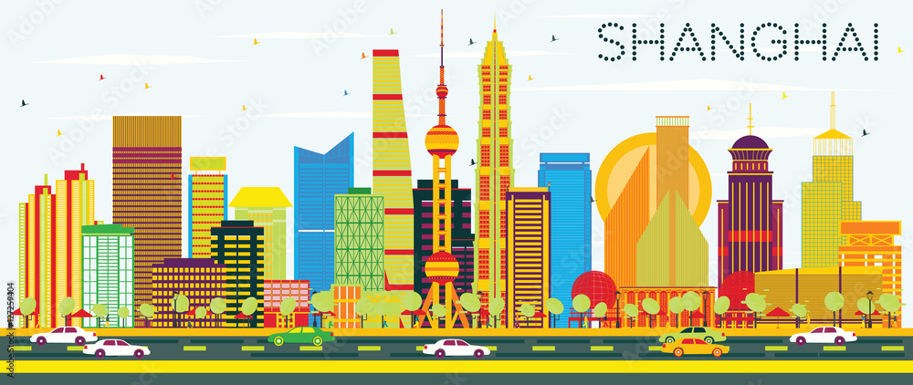 Abstract Shanghai Skyline with Color Buildings and Blue Sky.