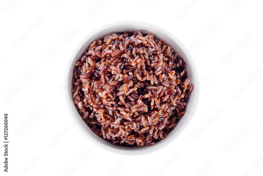 cooked red rice in white bowl on white background cooked red rice in white bowl on white background