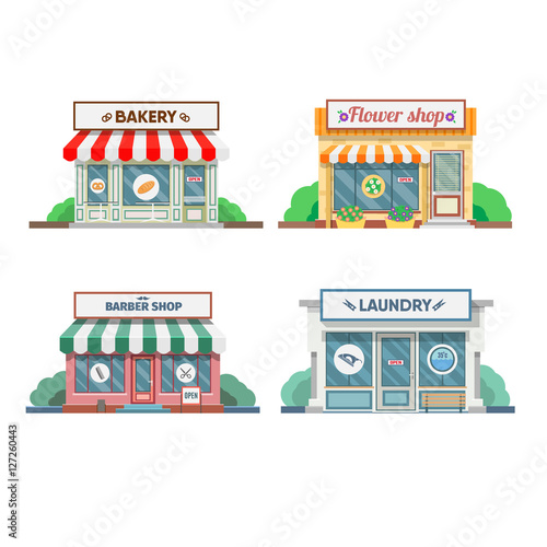 Flower shop, laundry, barber , bakery, newsstand, cafe facade in the town.