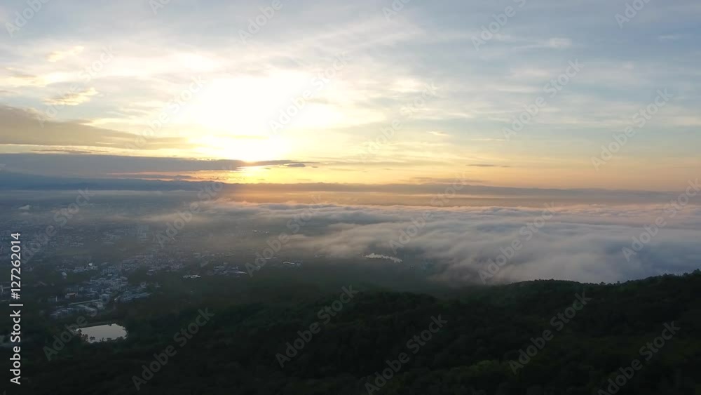 Aerial Views Flight over the Mountains. Flying over the Sunset. Forest Valley. Morning Fog. Doi Suthep Chiangmai Thailand. Aerial Views Flight over the Mountains. Flying over the Sunset. Forest Valley. Morning Fog. Doi Suthep Chiangmai Thailand.