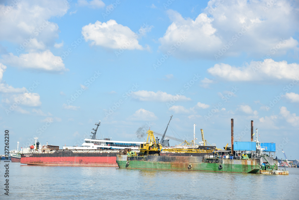 Cargo Ships in Seaport in Samut Prakarn Province, Thailand