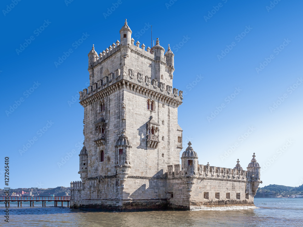 The famous Belem Tower in Lisbon, Portugal. Classified as UNESCO World Heritage it stands as the best example of the Manuelino art.