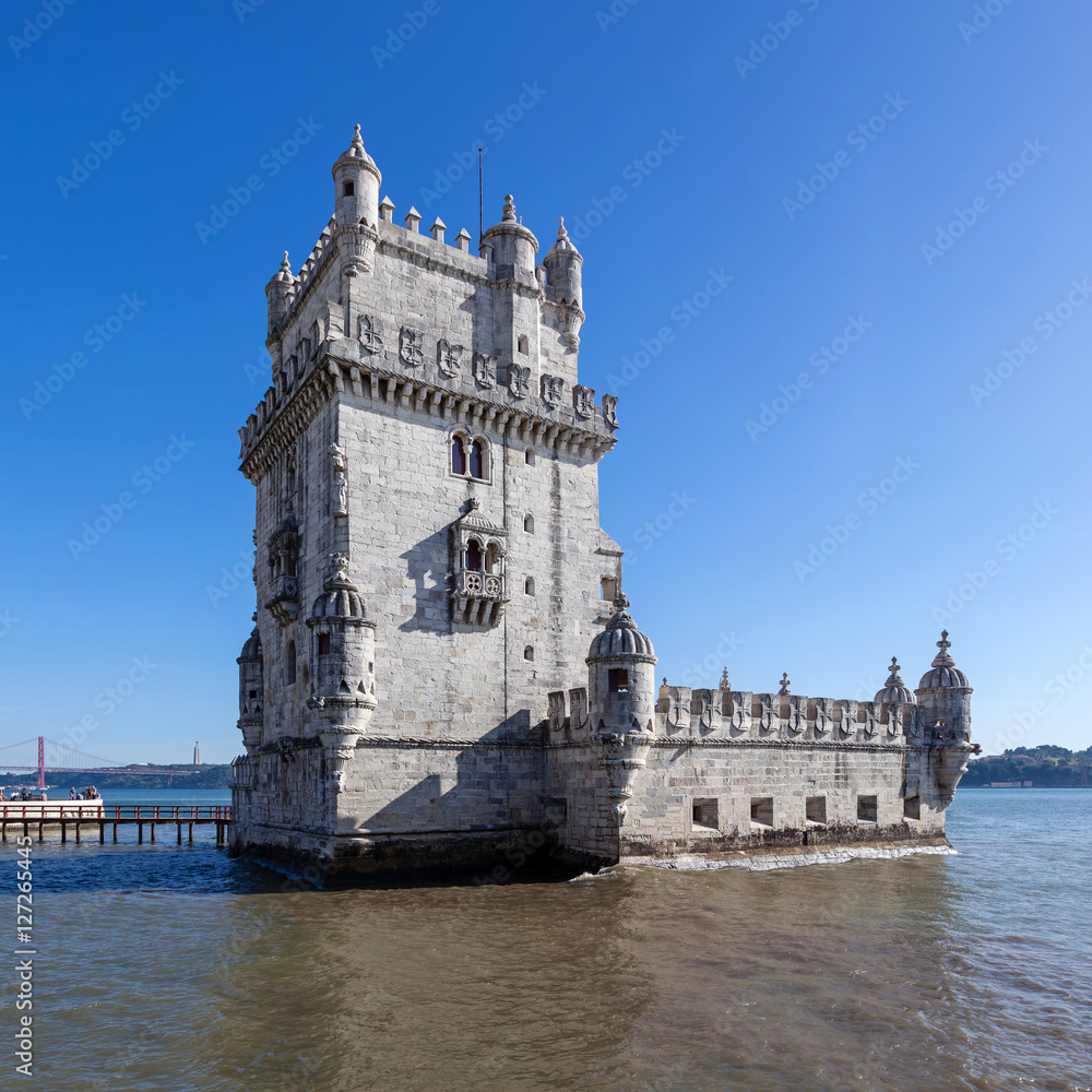 The famous Belem Tower in Lisbon, Portugal. Classified as UNESCO World Heritage it stands as the best example of the Manuelino art.