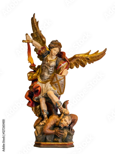 Photography 18th century Saint Michael Archangel statue created in the Baroque art style iso
