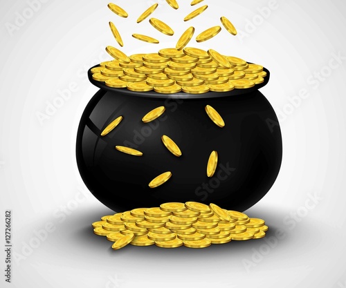 Gold coins falling in black pot 