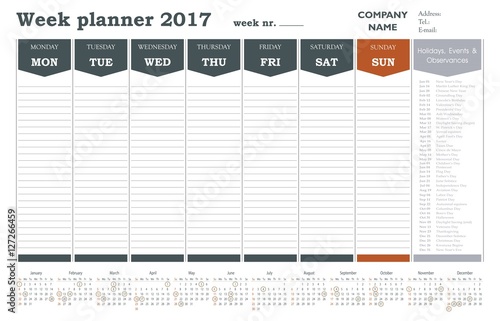 Week planner 2017 calendar for companies and private use - holidays included