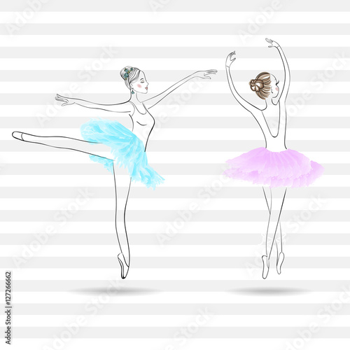 Two cute young ballerinas dancing on pointe, ballet shoes in flo
