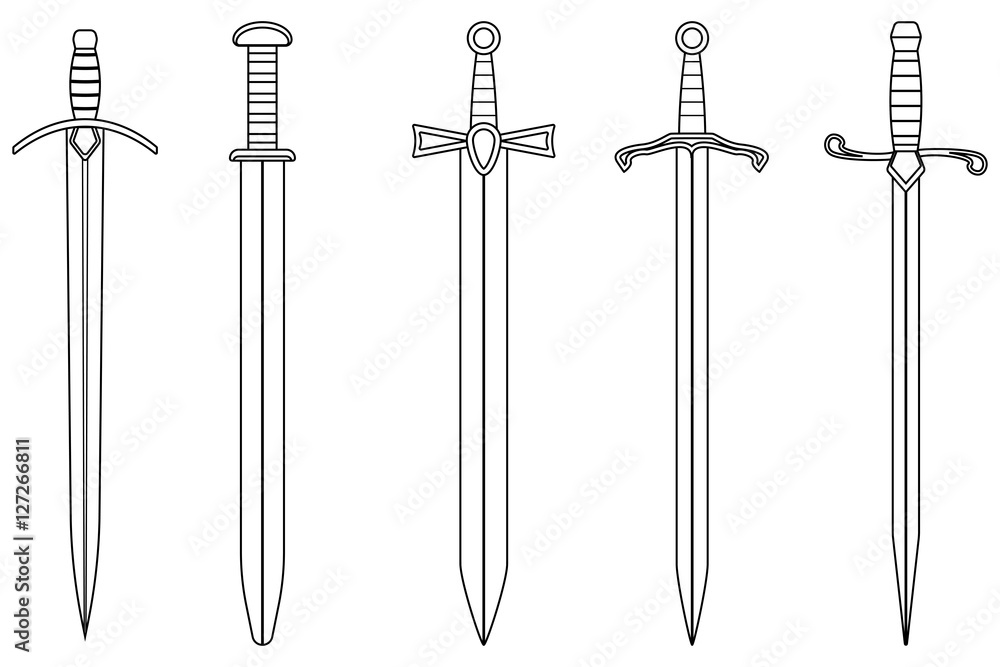 Swords. Collection of outline drawings vector de Stock Adobe Stock