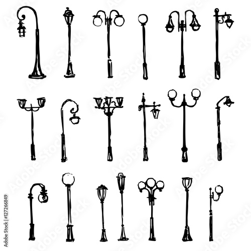 Street light hand drawn vector doodle sketch isolated on white background, Lamp posts silhouettes, ink drawing illustration, decorative vintage set brush template for design printing, element pattern