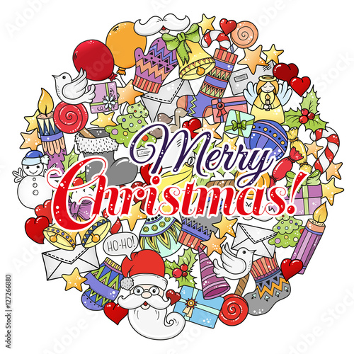 Merry christmas set of xmas colorful pattern and text templates. Ideal for holiday greeting cards  print  coloring book page or wrapping paper.