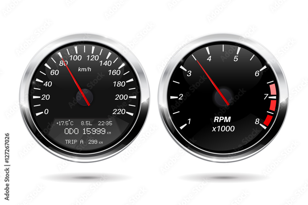 Speedometer, tachometer. Black gauge with chrome frame Speedometer, tachometer. Black gauge with chrome frame