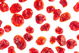 Dried cherries closeup on white background. Isolated. Pattern of glossy red cherry. Top view.