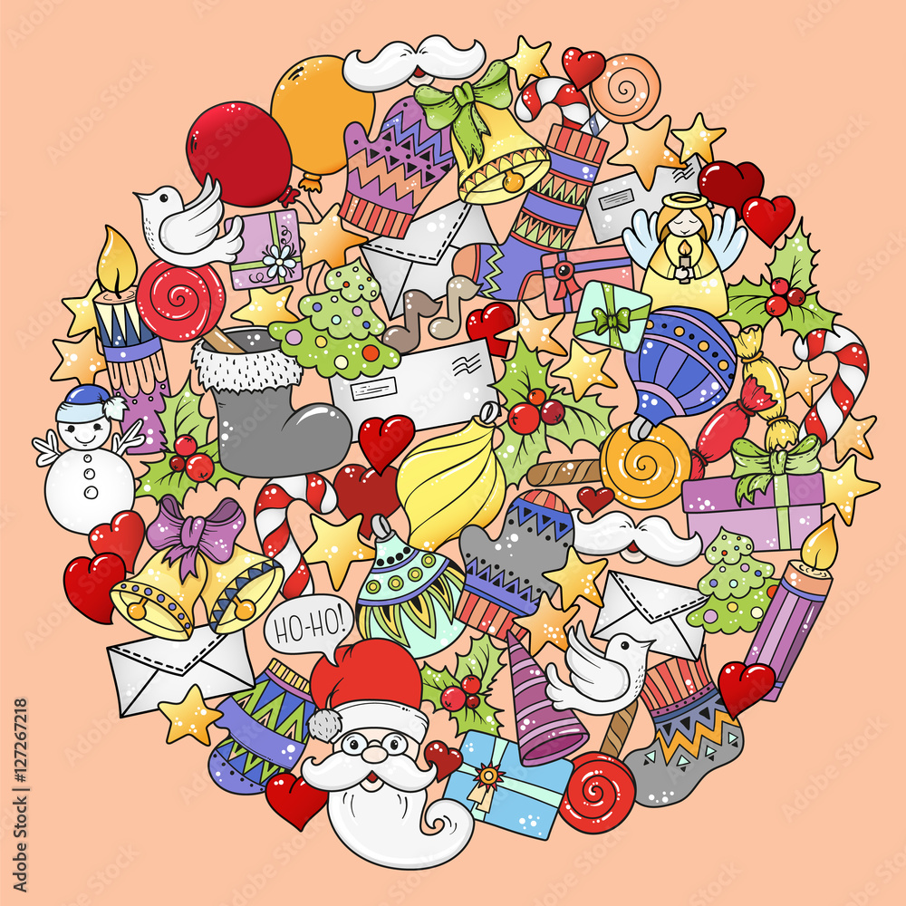Obraz premium Merry christmas mandala set of xmas colorful pattern and text templates. Ideal for holiday greeting cards, print, coloring book page or wrapping paper.