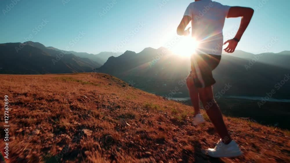 mountain landscape Asian running man Jogging in the morning slow motion