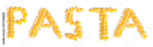 Word PASTA made of macaroni   isolated on white background