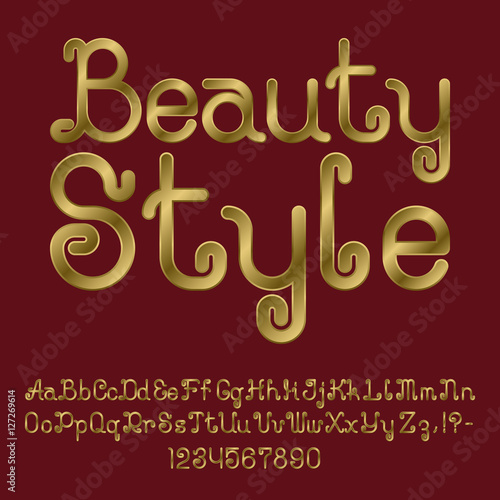 Beautiful golden curly font. Isolated english alphabet of capital and lowercase letters with numbers and punctuation marks. Beauty Style text lettering.