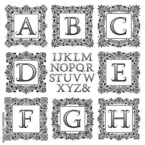 Vintage monogram kit. Black patterned letters and floral square frames for creating initial logo in victorian style.