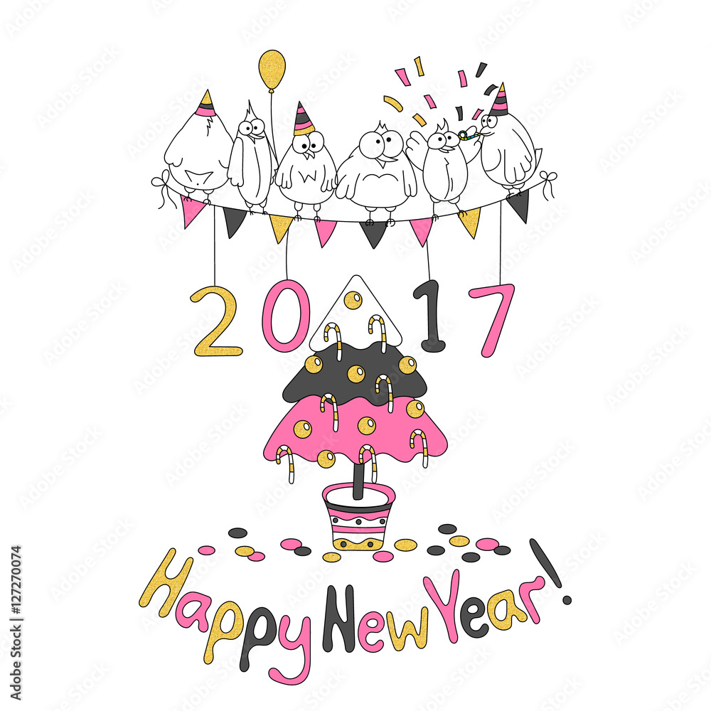 Happy New Year greeting card with cartoon funny birds. Happy New Year greeting card with cartoon funny birds.