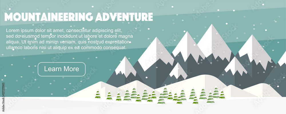 Vector flat mountains panoramic illustration. Mountaineering winter banner, web design. High mountains, fir trees, snowfall. Vector flat mountains panoramic illustration. Mountaineering winter banner, web design. High mountains, fir trees, snowfall.