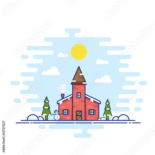 Line Style Vector Christmas Day Illustration. House with Snowman  Trees  Snow and Sun.
